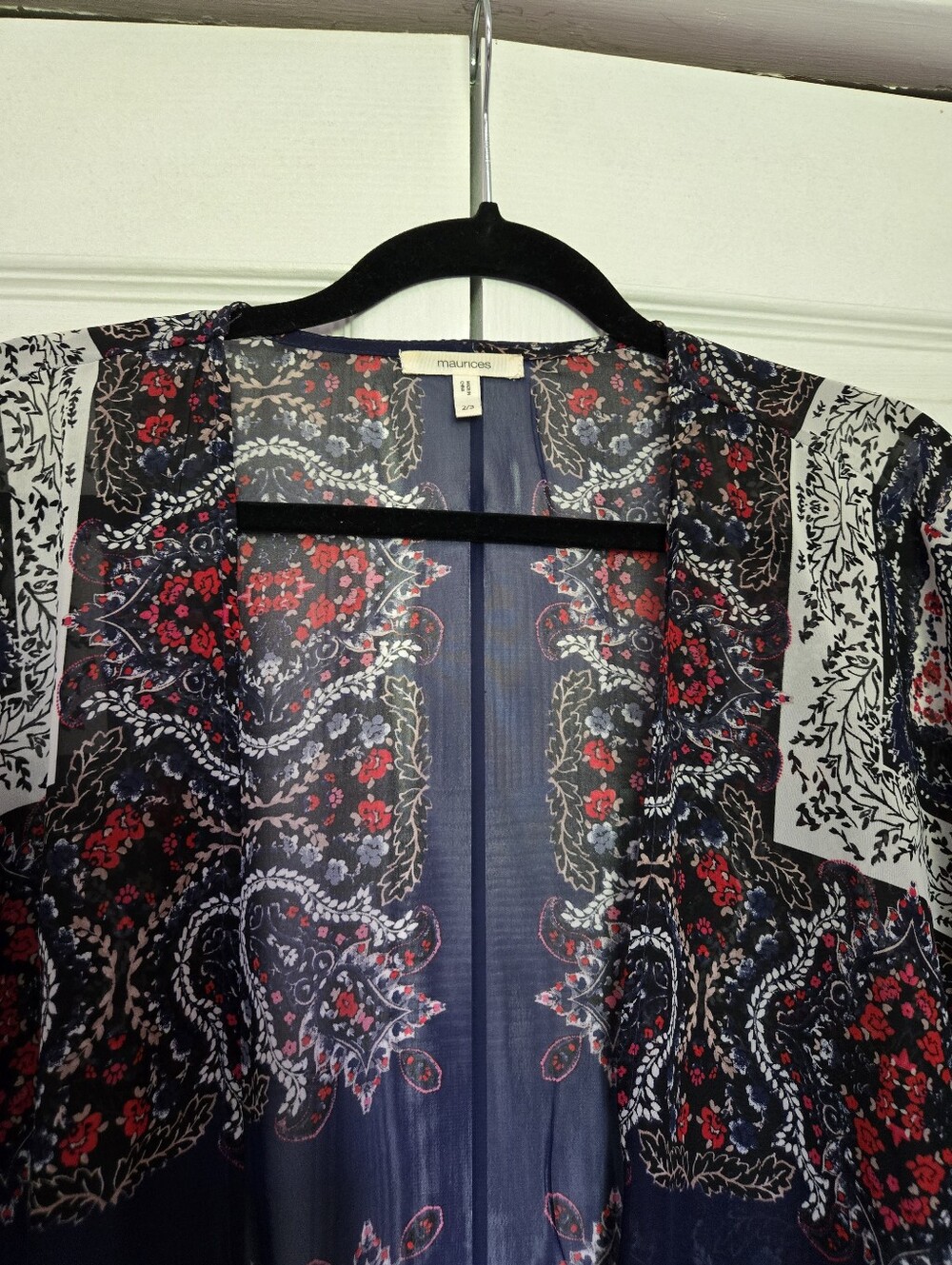 Maurices Boho Beachy Sheer Kimono Cover Up Navy Red Floral Paisley Size 2/3 - Picture 5 of 13